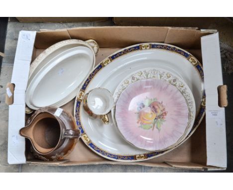 A Minton 'Phillipe' tureen and cover with two soup dishes, also including three hand painted Clarice Cliff designed Royal Sta