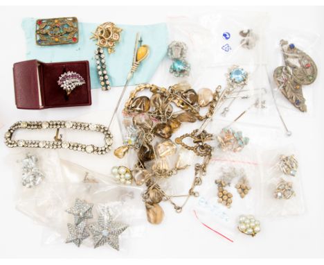 Costume jewellery including earrings, belt buckles, fancy crystal set star brooch and matching clip on earrings, paste clips,