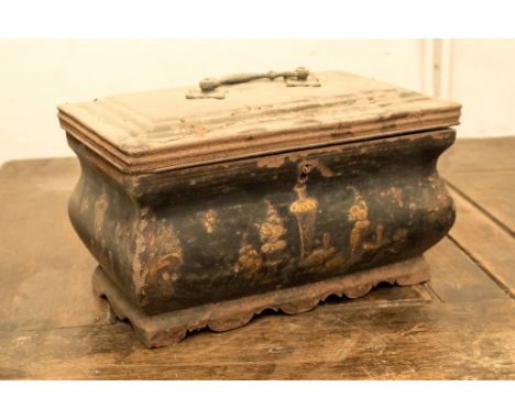A 19th Century Chinoiserie lacquered metal and wood tea caddy, bombe form with three section interior