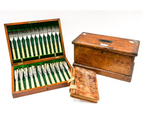 A boxed French Busson accordion, with a canteen of bone handled EPNS fish knives and forks, a leather bound Bible (3) 
