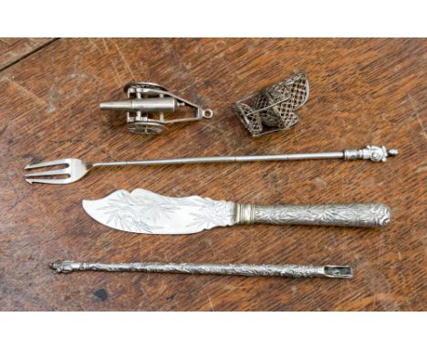 Five Chinese silver items to include: One butter knife, pen holder, pickle fork, mini chair and cannon, total gross weight ap