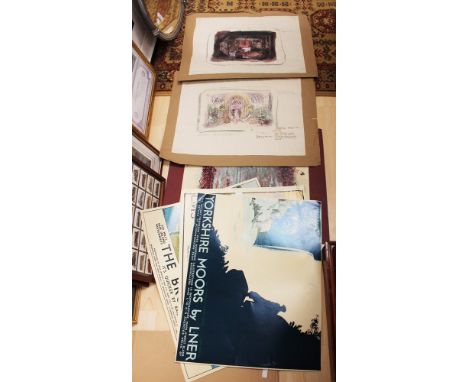  Three play setting watercolours with notations by Alan C Barrett, circa 1969 for the plays 'Howards End' Act 1 scene 2, Act 