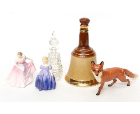 Beswick fox, Royal Doulton invitation HN 2170, Royal Doulton Marie HN 1378, a Bells Scotch Whiskey bottle and a cut glass bot