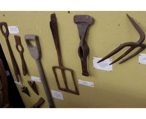 A large display board of Vintage Rural Bygone Cultivating Tools. Picks, drags, knockers, forks etc.