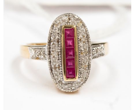 A ruby and diamond elongated cluster ring, set with princess cut rubies to the centre and grain set diamond surround, set in 