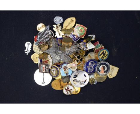 Badges assorted, enamel and pressed metal (66) 