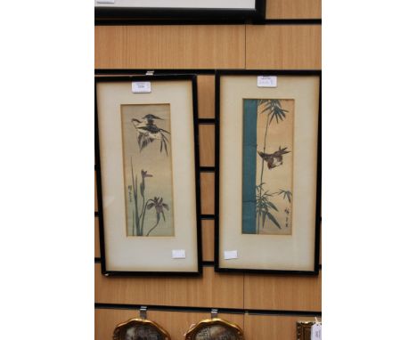 Two Japanese watercolours late Meiji period (pre.World War One) of birds with iris and bamboo signed 