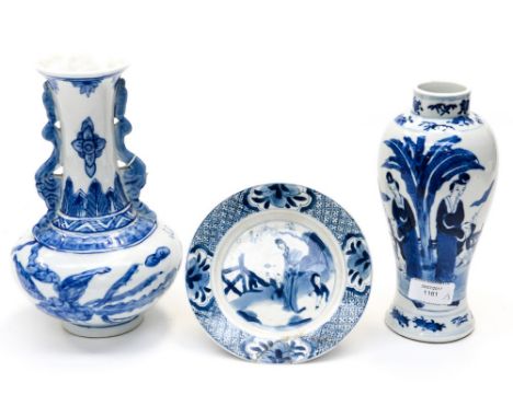 A group of Chinese blue and white porcelain including baluster vase, planter with figures, a circular dish (damage) and a 20t