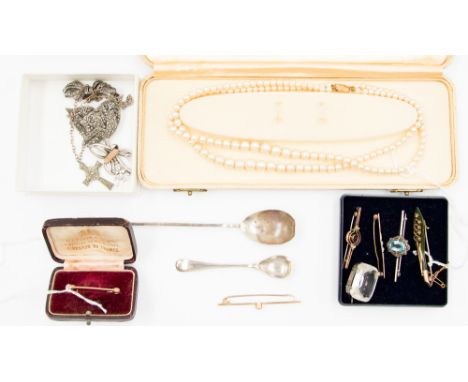 A cased Ciro pearls with 9ct clasp, two silver spoons, cased 9ct gold tie pin, marcasite jewellery, 9ct gold jade and seed pe