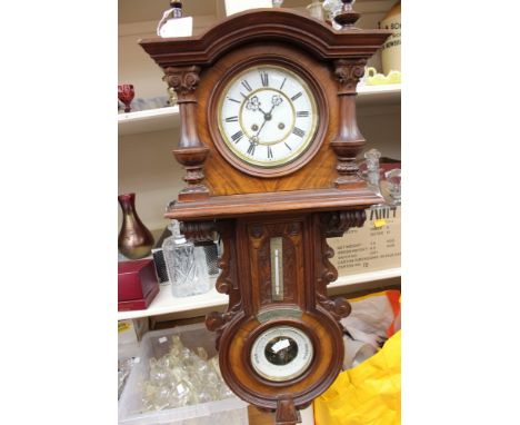 A 19th Century Gustav Becker German wall clock with temperature and barometer in mahogany case, Roman numerals
