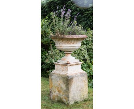 A cast iron urn planter on square plinth, painted white