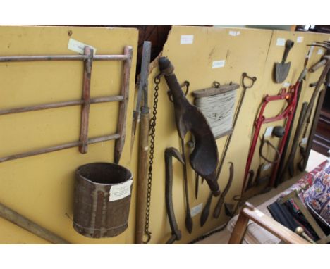 Three small display boards of Vintage Rural Bygone tools to include Dung Spade, Horn Trainer, Milk Maids Yoke, Hay Grabs, etc