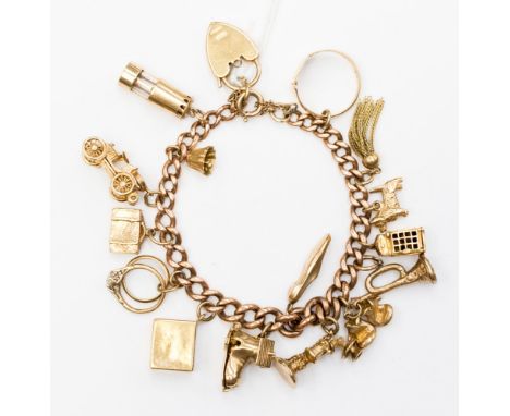 A nine carat gold charm bracelet with fifteen various charms, including a miners lamp, dog, shoe, boxing gloves etc,  with a 