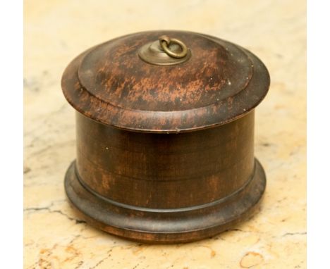 A turned wood tea caddy, 19th Century, cylindrical form, tin lined 