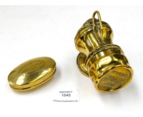 A circa 1900s brass miniature bike or car lamp, some components missing, along with a brass pill box, engraved William Edward