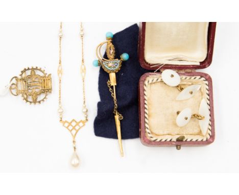A collection of yellow metal and 9ct jewellery, comprising one tooth pick, dagger with micro mosaic details (af) some broken 
