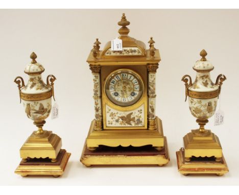 A late 19th Century French Ormolu clock garniture, circa 1880, of architectural form with urn garnitures, the dial signed Cur