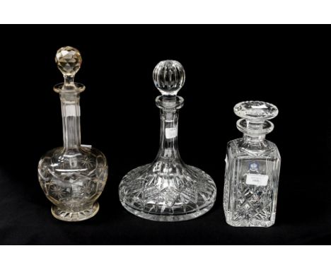 Three cut glass decanters to include a Shetland ships decanter (boxed) 