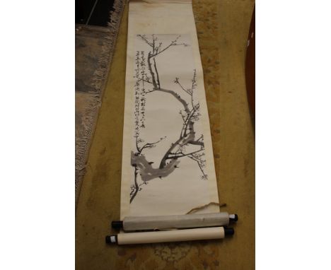 Pair of Chinese scroll painings, Lotus and Prunus