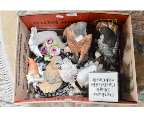 A box of ceramics including resin Falcon and Merlin bookends, studio pottery bowl, alabaster, Goebel, Chinese snuff bottle, r
