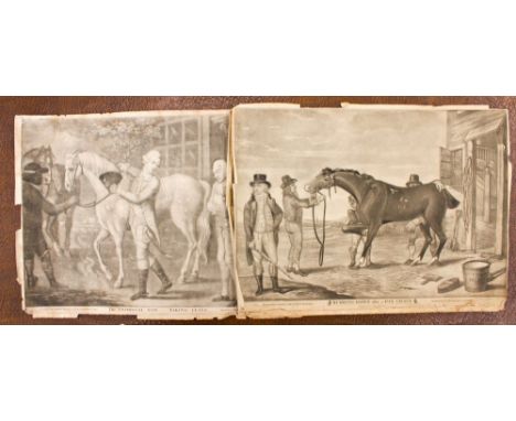 Two Georgian English mezzotints, British sporting art / fox hunting interest: 'Rubbing Down after a Fox-Chace', Carington Bow