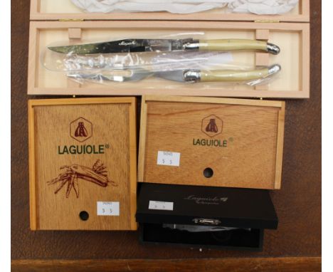A collection of five good quality knives, all new: Laguoile Dubost Jean French made carving knife set in box. Laguiole by Fly