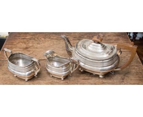 A 20th century silver three piece tea set service, Birmingham 1946, G Bryan & Co weight 35.33 troy oz (gross approx) the tea 