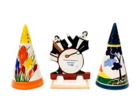 A Clarice Cliff for Wedgwood Bizarre musician group and two 1920s style Chelsea works Burslem sugar sifters (3) 