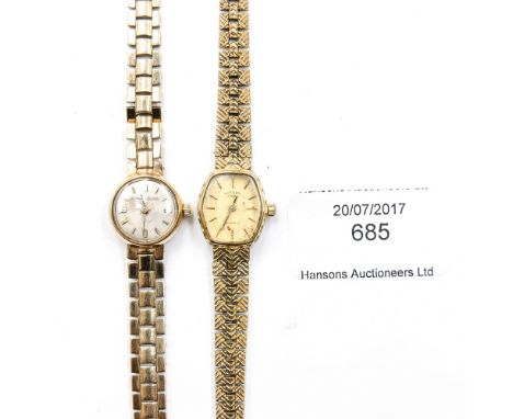  A ladies vintage 9ct gold Jaeger Le Coultre bracelet watch together with a Rotary gold plated ladies vintage wristwatch (2)
