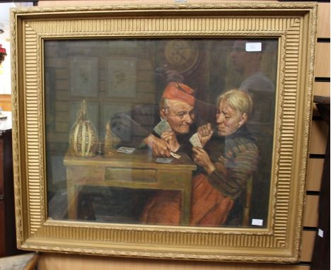 Italian School 20th century, couple playing cards, oil on canvas, gilt frame