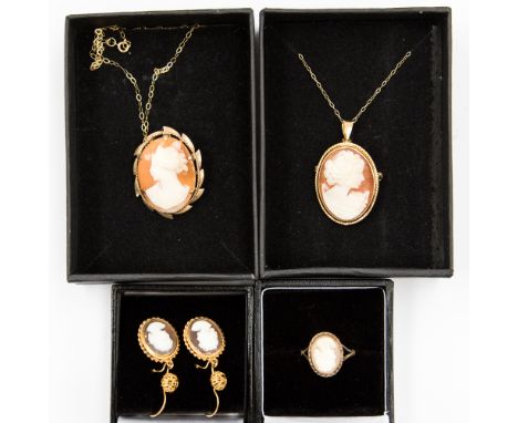 Gold cameo jewellery 9ct bar brooch surround a 9ct chain and an 18ct surround, small pendant (cameo) and a 9ct (cameo) pendan