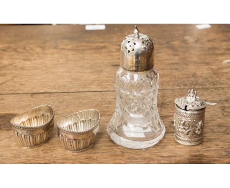 A pair of Victorian silver salt cellars London 1898, William Hutton, together with an Indian white metal mustard pot and a cu