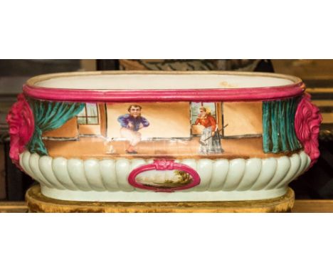 A Continental Maiolica planter painted with comic rude scenes to each side, 19th century