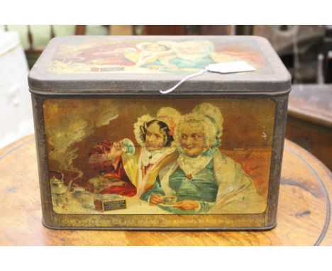 A Mazawattee large tea tin with fitted interior, the cover and sides, chromolithographed with 'Matrons who toss the cup and s