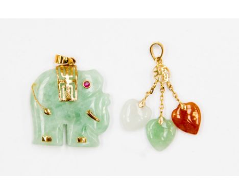 A jadeite Elephant set in 14ct gold; together with a three colour jade three heart pendant, also in 14ct gold.