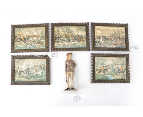 A Goebel figure of a horse rider, 1970 with a set of five silk printed hunting scenes in gilt frames