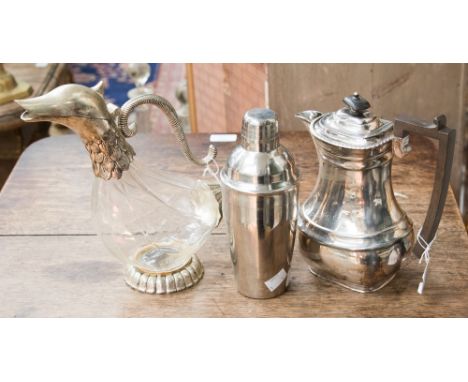 A Mappin & Webb coffee pot including filter, together with a duck decanter and a cocktail shaker (3)