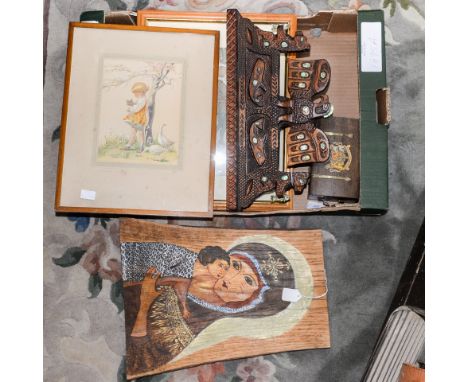 An Eastern European Icon, Native Canadian carving with Spread Eagle and Abalone decoration, two prints and a 1953 Coronation 