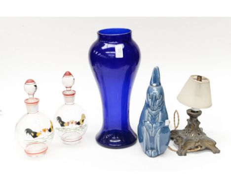 A Hare stoneware decanter 'Wilfred' a/f, a pair of 1950s liquor decanters with chicken transfers, a large blue glass vase and