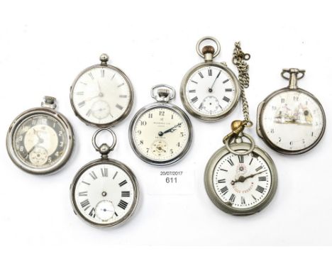 A collection of seven pocket watches comprising; two silver cased pocket watches (af) early 19th Century, Wartime World War T