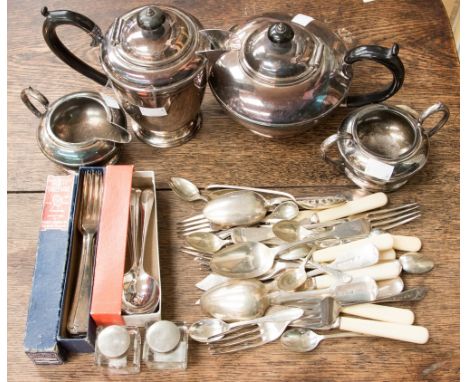 A four piece Civic EPBM tea service and two ink wells and a collection of cutlery (1 box)