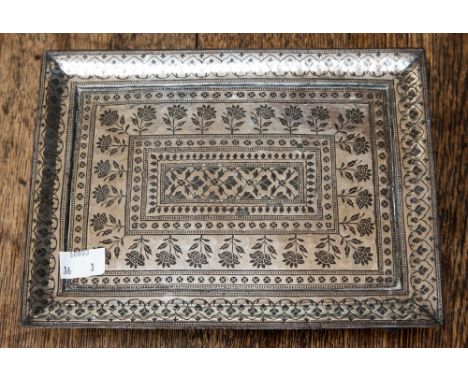 Persian/Indian white metal and Niello enamel rectangular silver salver on four feet, gross weight approx 991.6 grams / 31.88 
