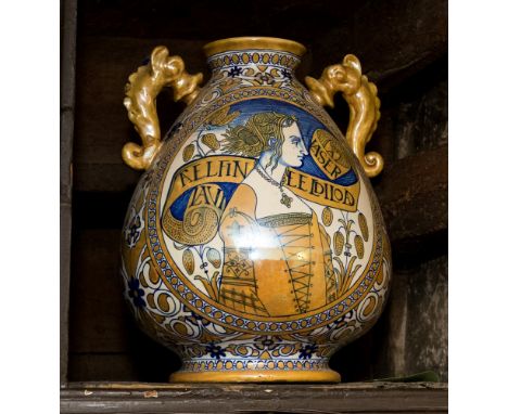 Italian style Maiolica twin handled vase, baluster form in the Renaissance style with lustre portrait of  a woman, within  ge