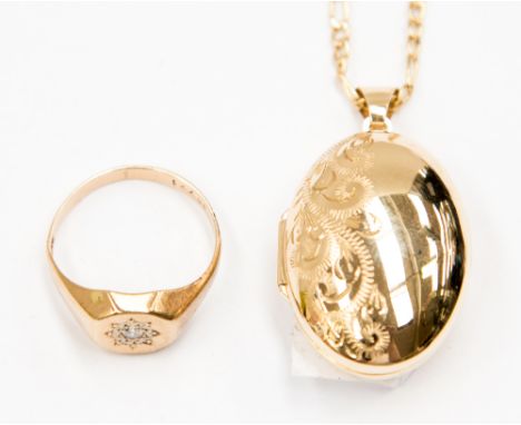 A nine carat gold diamond signet ring, illusion set old cut diamond, together with an ovoid nine carat gold locket, engraved 