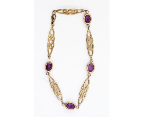 A celtic yellow metal and amethyst bracelet approx lngth 8'' af broken link. Total gross weight approx 5.5gms 