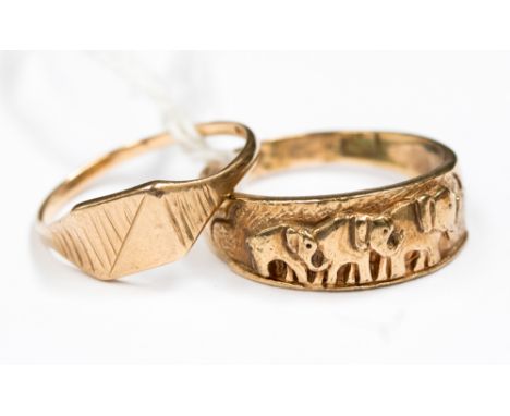 Two 9ct gold rings comprising one decorated with Elephants, size S, and a  signet ring with line engraving, size O1/2 with a 