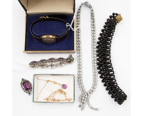 A collection of 9ct gold, silver and costume jewellery to include Art Deco sterling silver marcasite set bracelet, a silver b