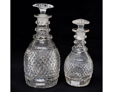 An early 19th century cut glass decanter, circa 1820, three ring neck, facet and hobnail cut with mushroom stoppe, together w