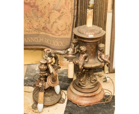 A gilt plaster lamp base with putti and a three branch candelabrum 