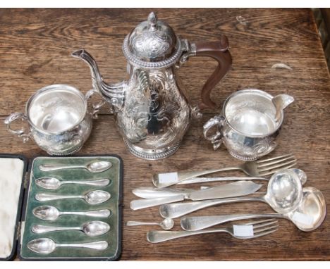 A collection of silver plate including  a Victoria style coffee pot, sugar bowl and cream jug with various flatware including